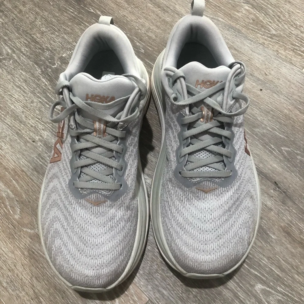 Hoka Women's Light Gray and Pale Pink Running Shoes - Picture 2 of 16